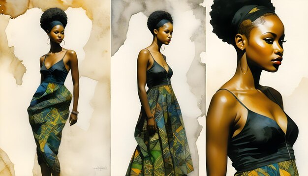 Foto una hermosa chica afroamericana en una acuarela y un tratamiento de arte de collage