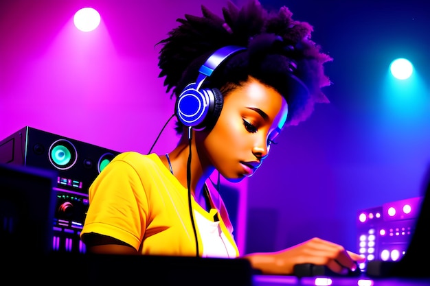 Hermosa chica afroamericana dj con auriculares AI