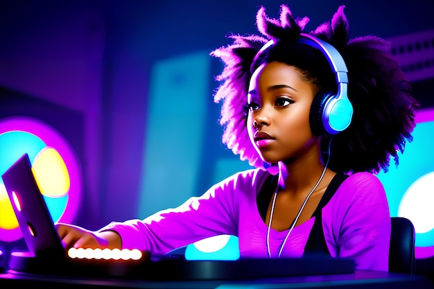 Hermosa chica afroamericana dj con auriculares