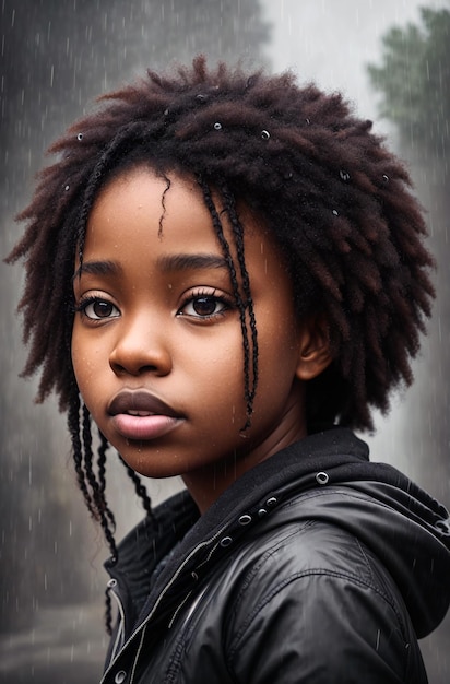 Hermosa chica afroamericana bajo la lluvia IA generativa