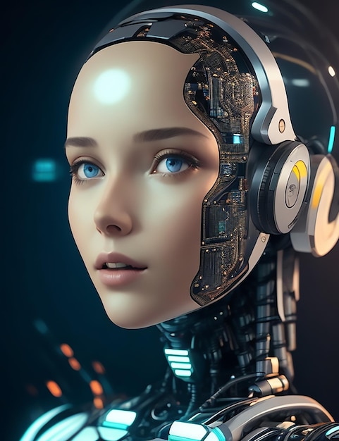 Hermosa chica Ai cyborg android futurista en el futuro