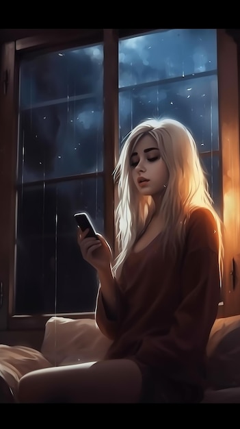 Una hermosa chica anime Lofi relajándose en la noche IA generativa