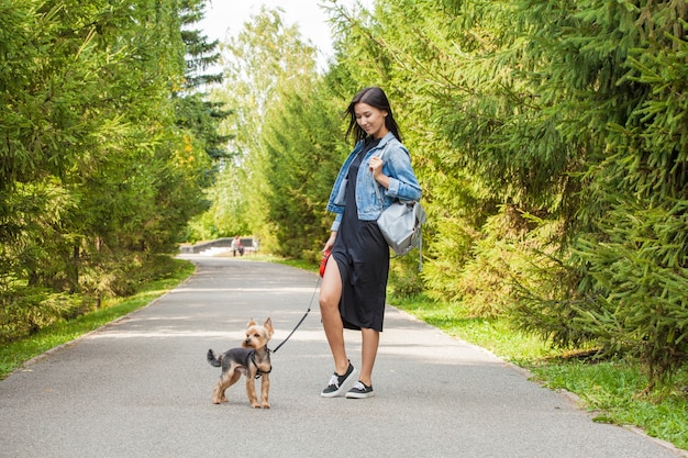 Hermosa chica asiática a dar un paseo por el parque en verano con su perro Yorkshire Terrier