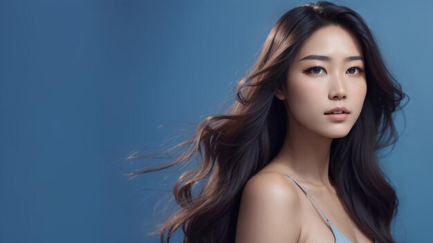 Una hermosa chica asiática en un fondo azul IA generativa