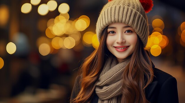 Foto hermosa chica asiática en el fondo de las luces de navidad en el espacio de la noche para el texto