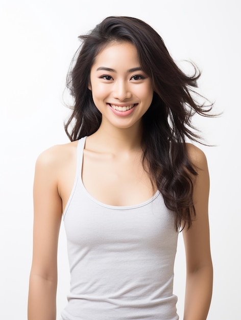 Hermosa chica asiática segura y saludable con un fondo limpio