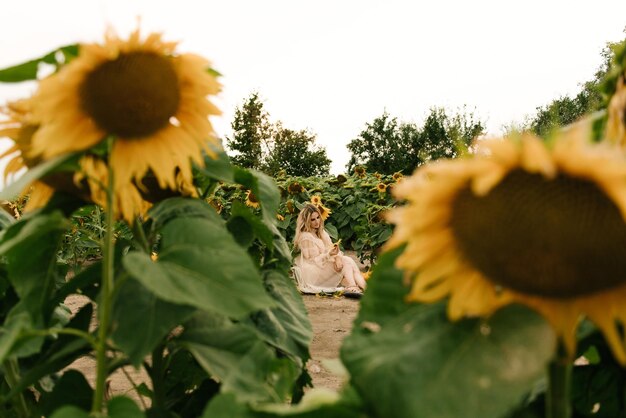 Hermosa chica atractiva en un campo de girasoles