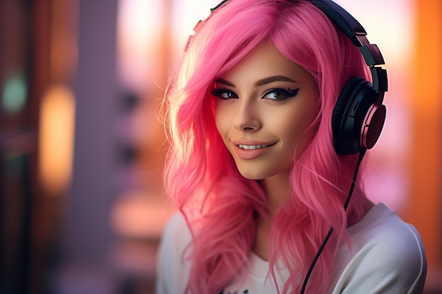 Hermosa chica con auriculares para juegos de pelo rosa