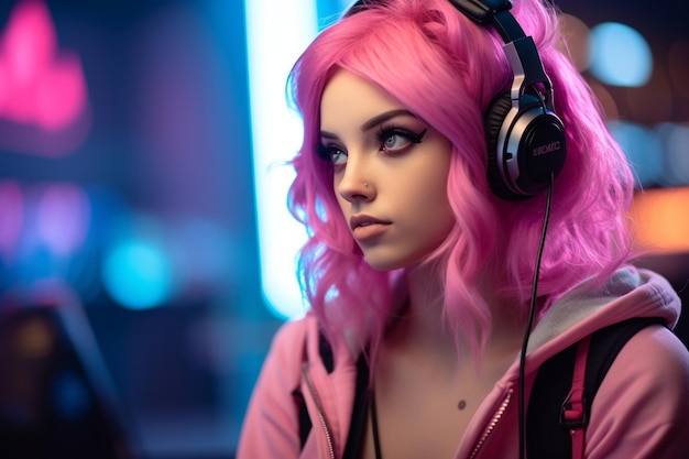 Hermosa chica con auriculares para juegos de pelo rosa