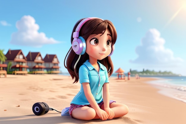 hermosa chica en bikini con cara bonita escuchando música en los auriculares y relajándose en la playa