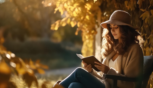 Hermosa chica en el bosque de otoño leyendo un libro