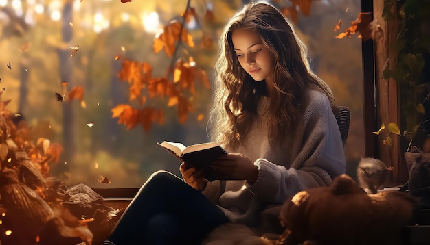 Foto hermosa chica en el bosque de otoño leyendo un libro