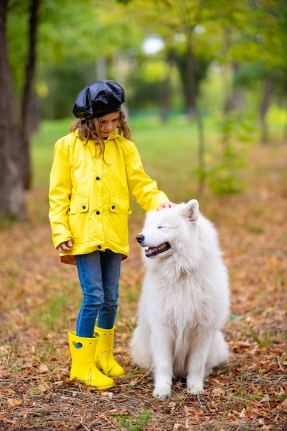 Hermosa chica con botas de goma amarillas y impermeable en paseos, juega con un hermoso perro samoyedo blanco en el parque de otoño.