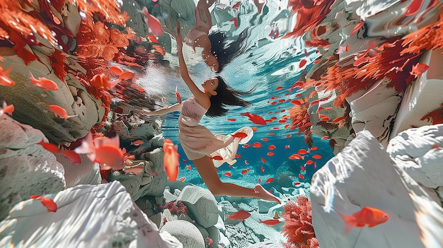 Una hermosa chica buceando en el mar Mundo submarino 3D