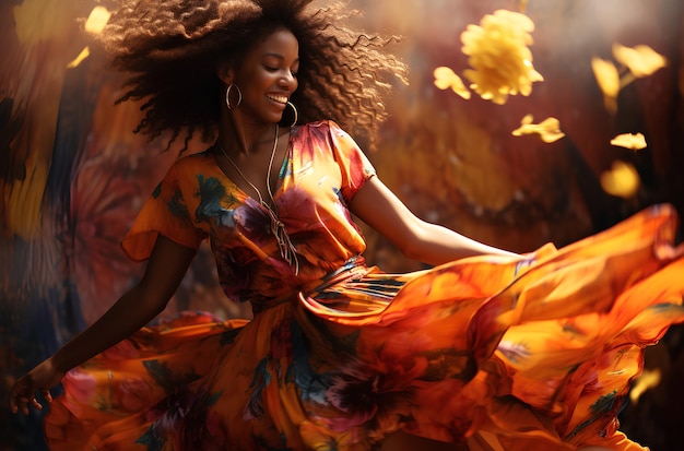 Hermosa chica con cabello afro bailando con vestido colorido en verano con flores