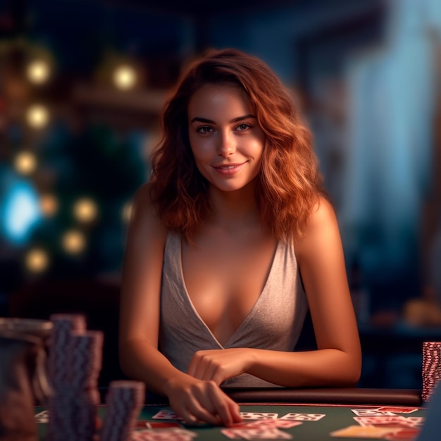 Una hermosa chica de cabello castaño sonríe y juega al póquer en un casino.