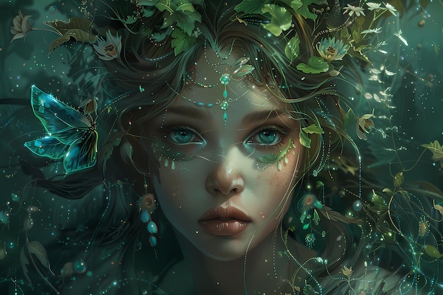Una hermosa chica con el cabello hecho de plantas y flores sus ojos brillando como esmeraldas Ai generado