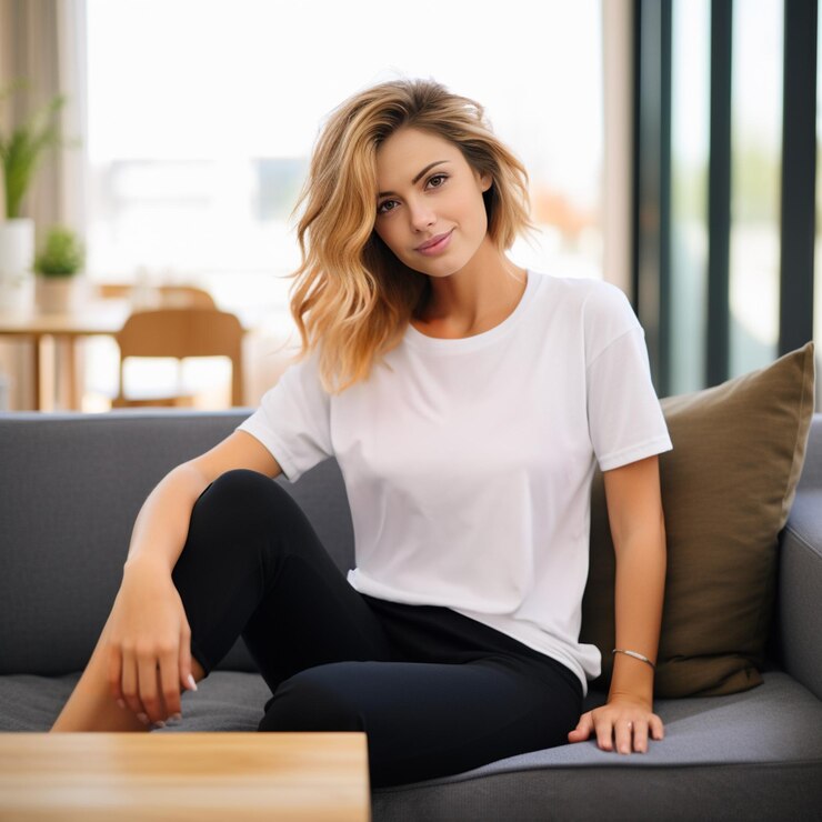 Una hermosa chica de cabello marrón con una camisa blanca en blanco sentada cómodamente en un sofá