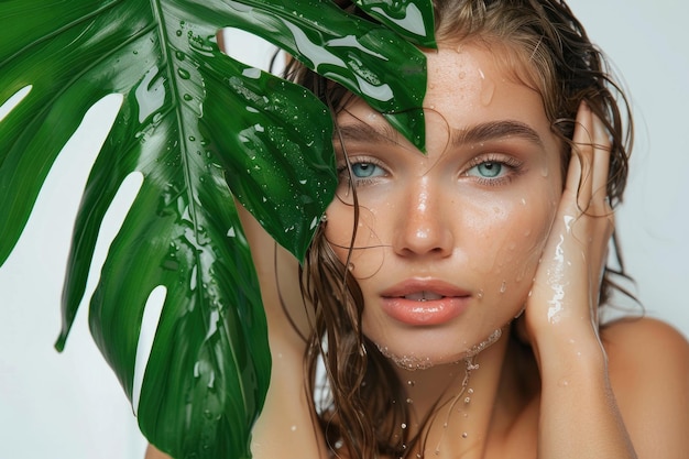 La hermosa chica con el cabello mojado sostiene el concepto de belleza de la hoja tropical