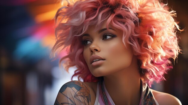 hermosa chica con el cabello rojo en luces rosadas de la noche