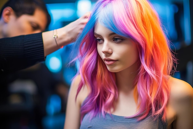 Una hermosa chica con cabello rosa en la peluquería AI generativa
