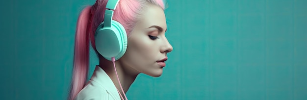 Hermosa chica con cabello rosado con auriculares color turquesa sobre un fondo turquesa