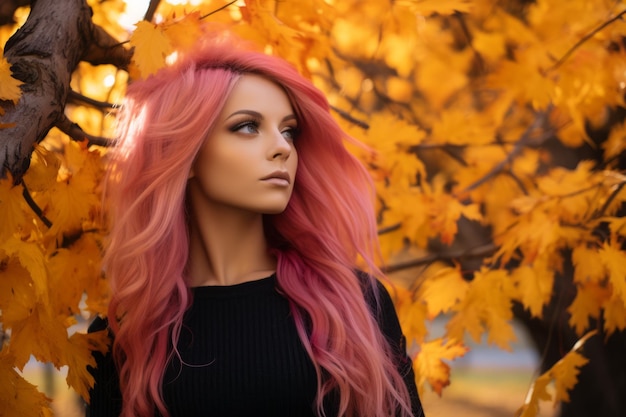 Foto hermosa chica con cabello rosado en hojas de otoño