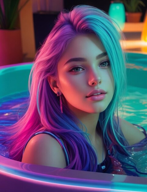 Hermosa chica con cabello teñido en el agua.