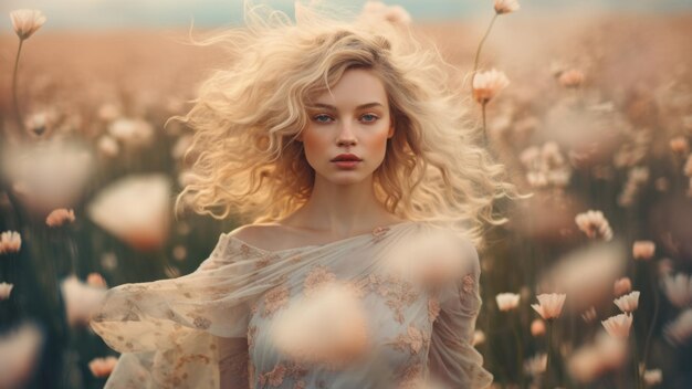 Hermosa chica con el cabello volador en un campo con flores retrato foto de alta calidad