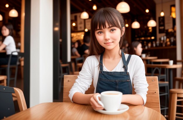 Hermosa chica con café en la mesa en el café Mujer sonriente joven con taza de café en la pausa para el café IA generativa