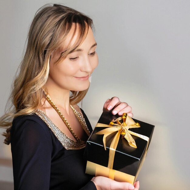 Una hermosa chica con una caja de regalos negra