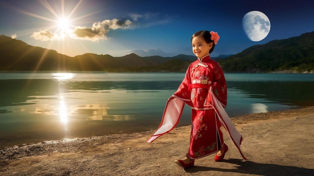 Una hermosa chica caminando en el lago Sun Moon en Taiwán