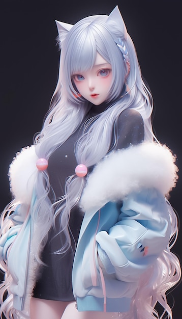 Hermosa chica con capucha, cabello largo y blanco, lindo concepto de colegiala de estilo anime Ai Generated