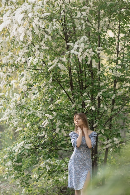 Una hermosa chica caucásica se encuentra en un vestido azul cerca de un árbol en flor