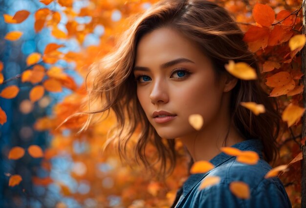 Hermosa chica caucásica con ojos azules y cabello naranja fondo de otoño con hojas de naranja