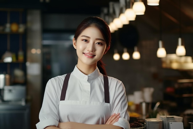 una hermosa chica chef coreana está lista para cocinar en la cocina del restaurante