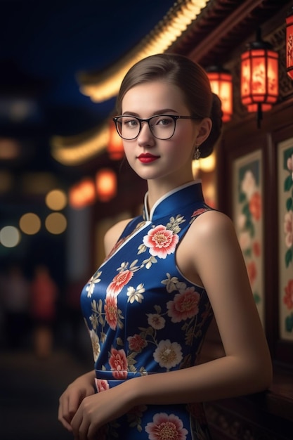 Una hermosa chica con un cheongsam y gafas en un fondo nocturno