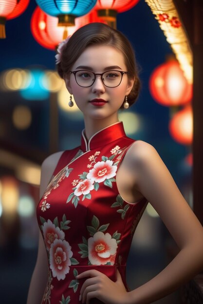 Una hermosa chica con un cheongsam y gafas en un fondo nocturno