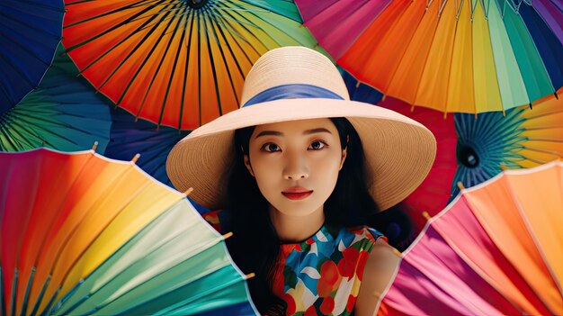 Una hermosa chica china con un sombrero se sienta en el medio de paraguas de colores