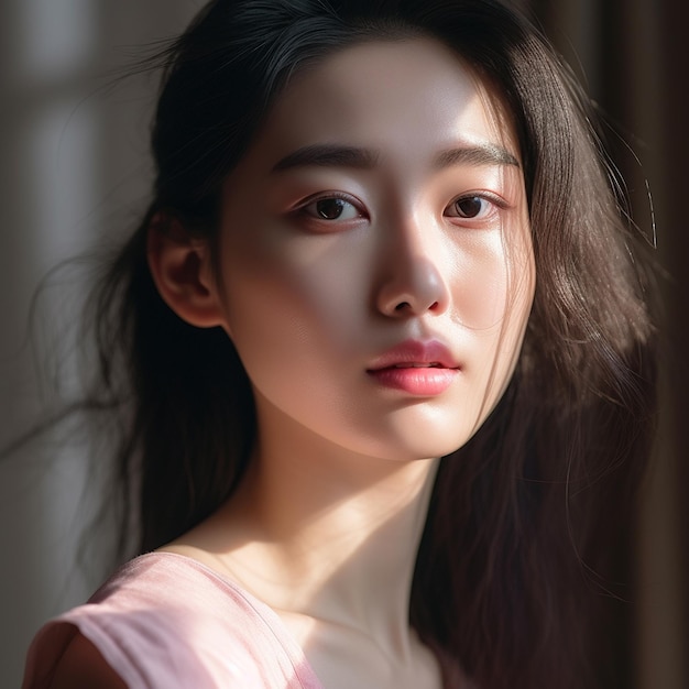 Una hermosa chica china vista frontal con una textura de piel rica aspecto fresco