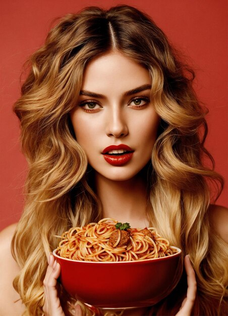 hermosa chica de comida con plato de fideos