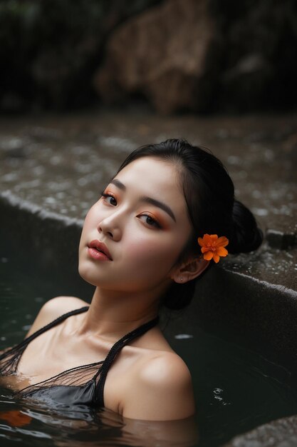 hermosa chica coreana en negro y naranja correa de espagueti en el agua