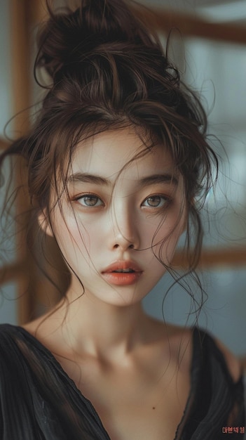Foto la hermosa chica coreana tiene ojos verdes grandes y hermosos con una nariz perfecta y cabello largo