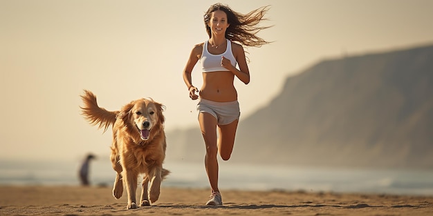 una hermosa chica corre a lo largo de la playa con un perro deporte de estilo de vida