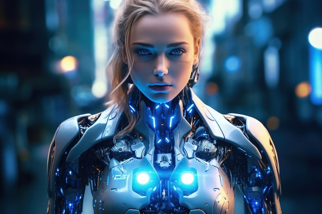 Hermosa chica cyborg androide futurista en el futuro