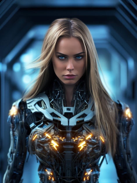 Hermosa chica cyborg androide futurista en el futuro