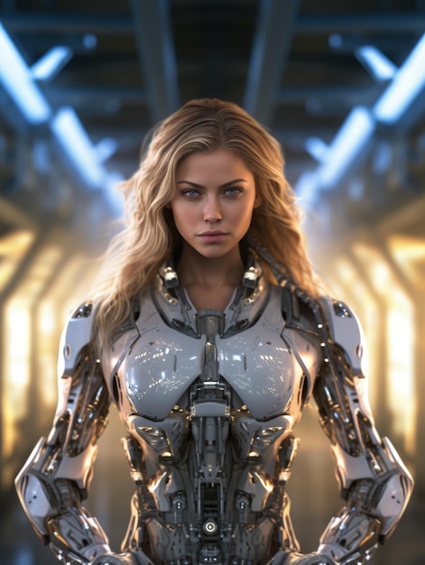 Hermosa chica cyborg androide futurista en el futuro