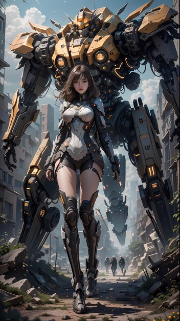 La hermosa chica cyborg y su mecha están en las ruinas olvidadas de la ciudad de guerra