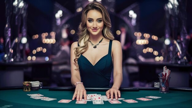 Foto la hermosa chica dealer detrás de una mesa para el juego de póquer el dealer reparte las cartas