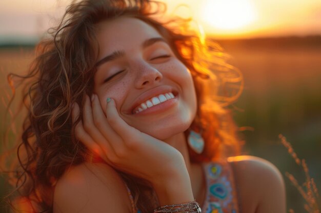 Una hermosa chica con dientes perfectos y piel bronceada con joyas celebra el amanecer del verano